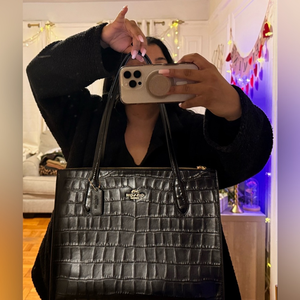 COACH Black Croc Embossed Leather Tote - Picture 11 of 12